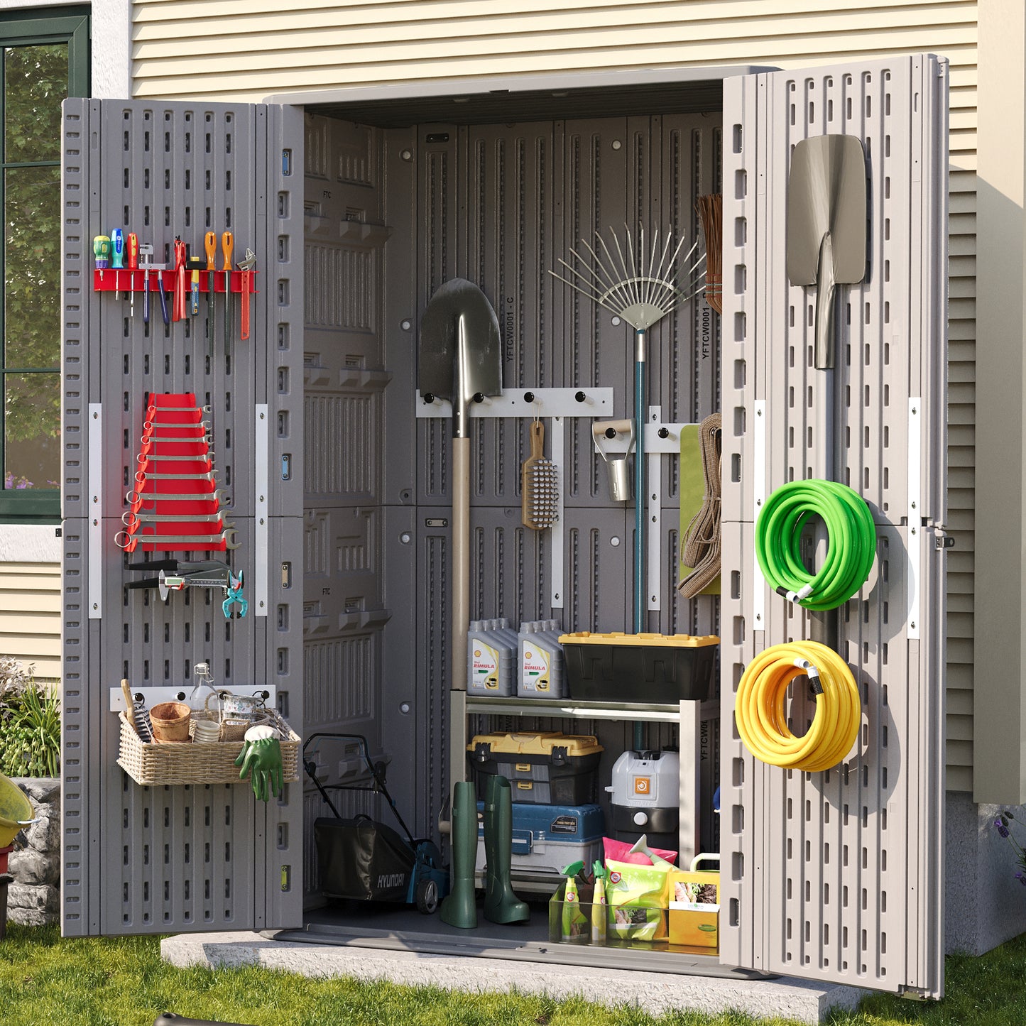 Amopatio 67 Cu Ft Premium Vertical Storage Shed, Outdoor Resin Shed with Floor, Waterproo Black f Weather Resistance Plastic Cabinet, Lockable Doors for Patio, Garden Tools, Lawn, Dark Grey