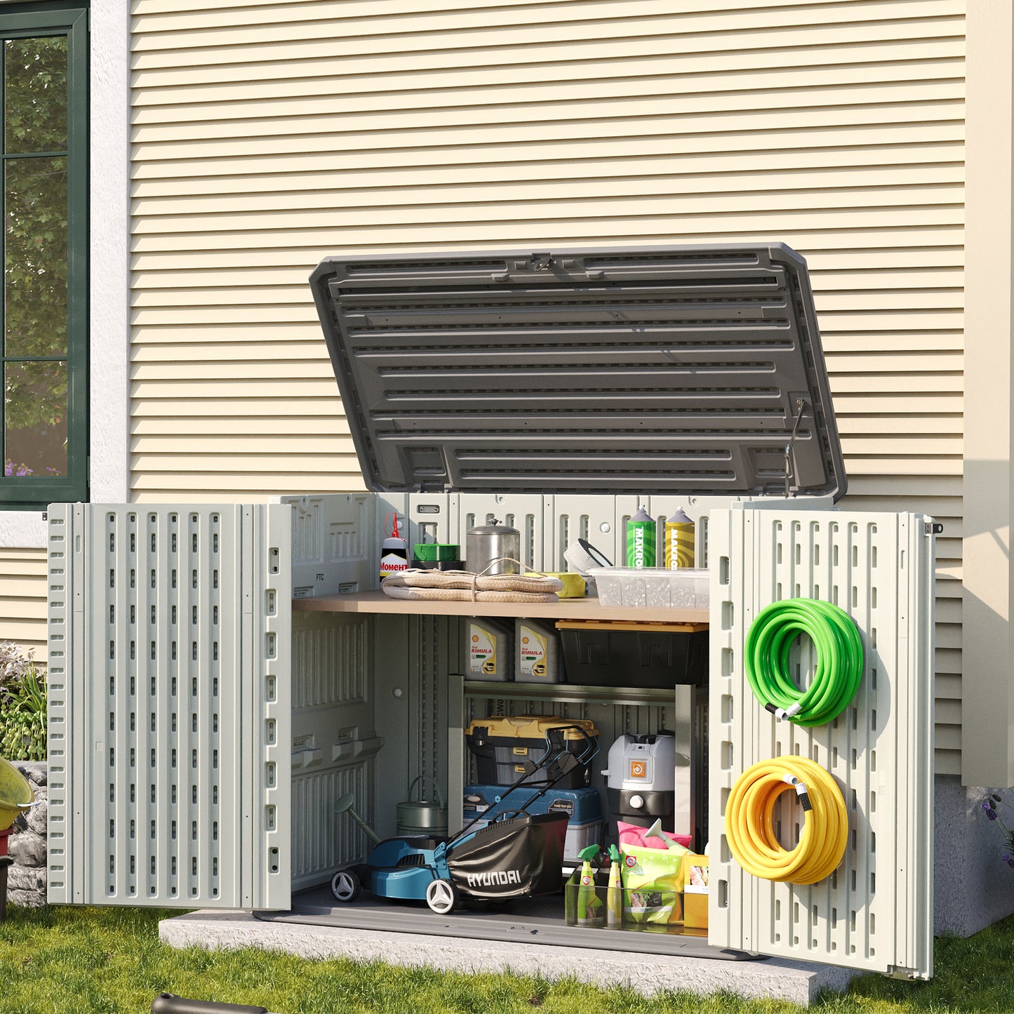Amopatio 37 Cu Ft Premium Vertical Storage Shed, Outdoor Resin Shed with Floor, Waterproof Weather Resistance Plastic Cabinet, Lockable Doors for Patio, Garden Tools, Lawn, Grey&White