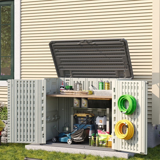 Amopatio 37 Cu Ft Premium Vertical Storage Shed, Outdoor Resin Shed with Floor, Waterproof Weather Resistance Plastic Cabinet, Lockable Doors for Patio, Garden Tools, Lawn, Grey&White