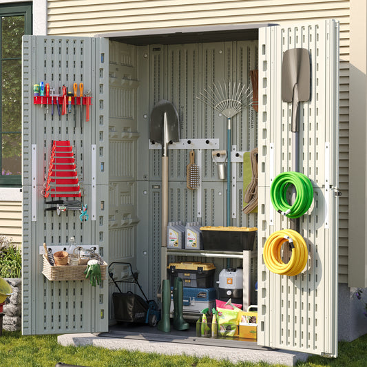 Amopatio 67 Cu Ft Premium Vertical Storage Shed, Outdoor Resin Shed with Floor, Waterproof Weather Resistance Plastic Cabinet, Lockable Doors for Patio, Garden Tools, Lawn, Grey & White