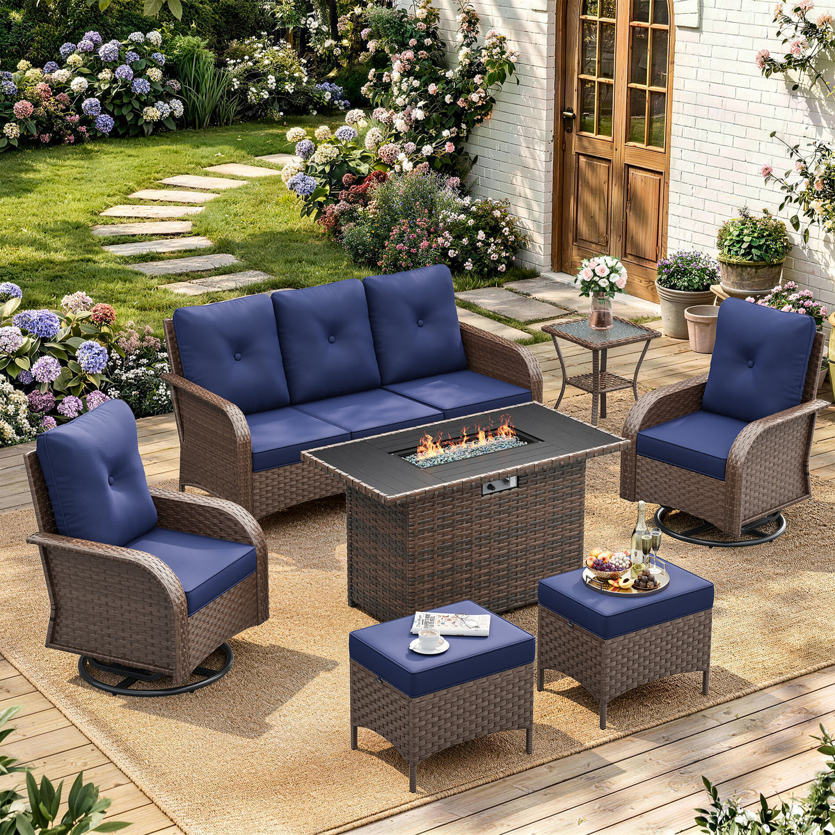Amopatio 7 Pieces Outdoor Patio Furniture Set with Fire Pit Table, Wicker Swivel Rocker Chairs Sets
