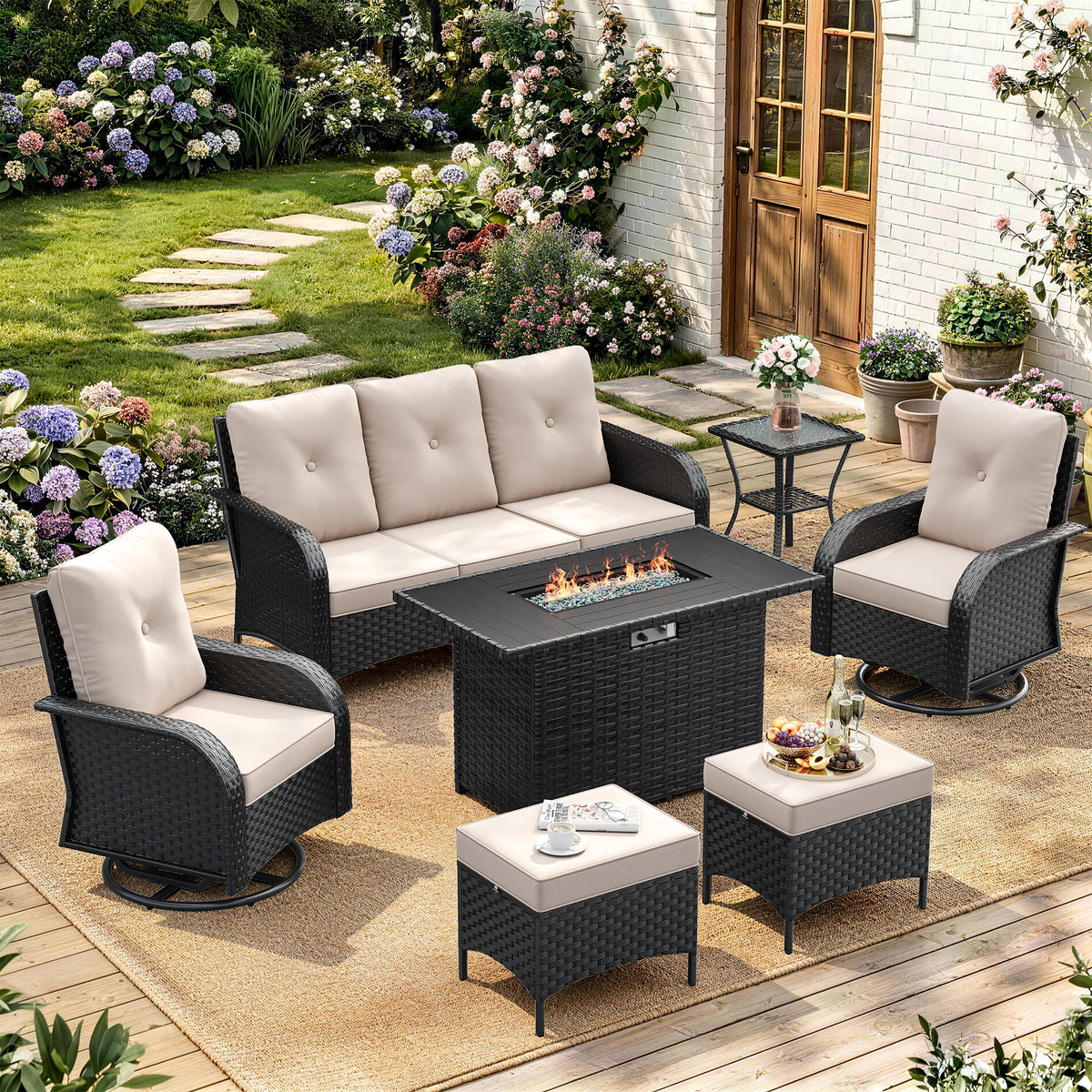 Amopatio 7 Pieces Outdoor Patio Furniture Set with Fire Pit Table, Wicker Swivel Rocker Chairs Sets