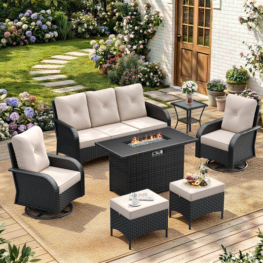 Amopatio 7 Pieces Outdoor Patio Furniture Set with Fire Pit Table, Wicker Swivel Rocker Chairs Sets
