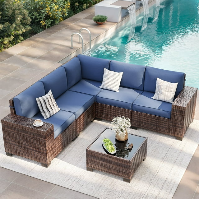 ELPOSUN Outdoor Sectional Furniture Set 6-Piece Brown Rattan Wicker Conversation Sofa Set with Glass Top Table and Waterproof Covers,Blue Cushions