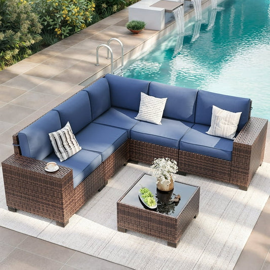 ELPOSUN Outdoor Sectional Furniture Set 6-Piece Brown Rattan Wicker Conversation Sofa Set with Glass Top Table and Waterproof Covers,Blue Cushions