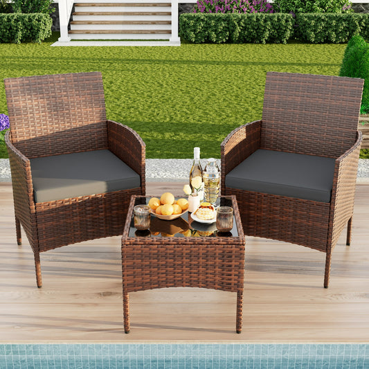 ELPOSUN 3 Piece Patio Conversation Bistro Set Outdoor Chat Furniture, Porch Balcony Furniture Set,Wicker Chairs and Storable Table Set for Patio Balcony Backyard Apartment, Grey