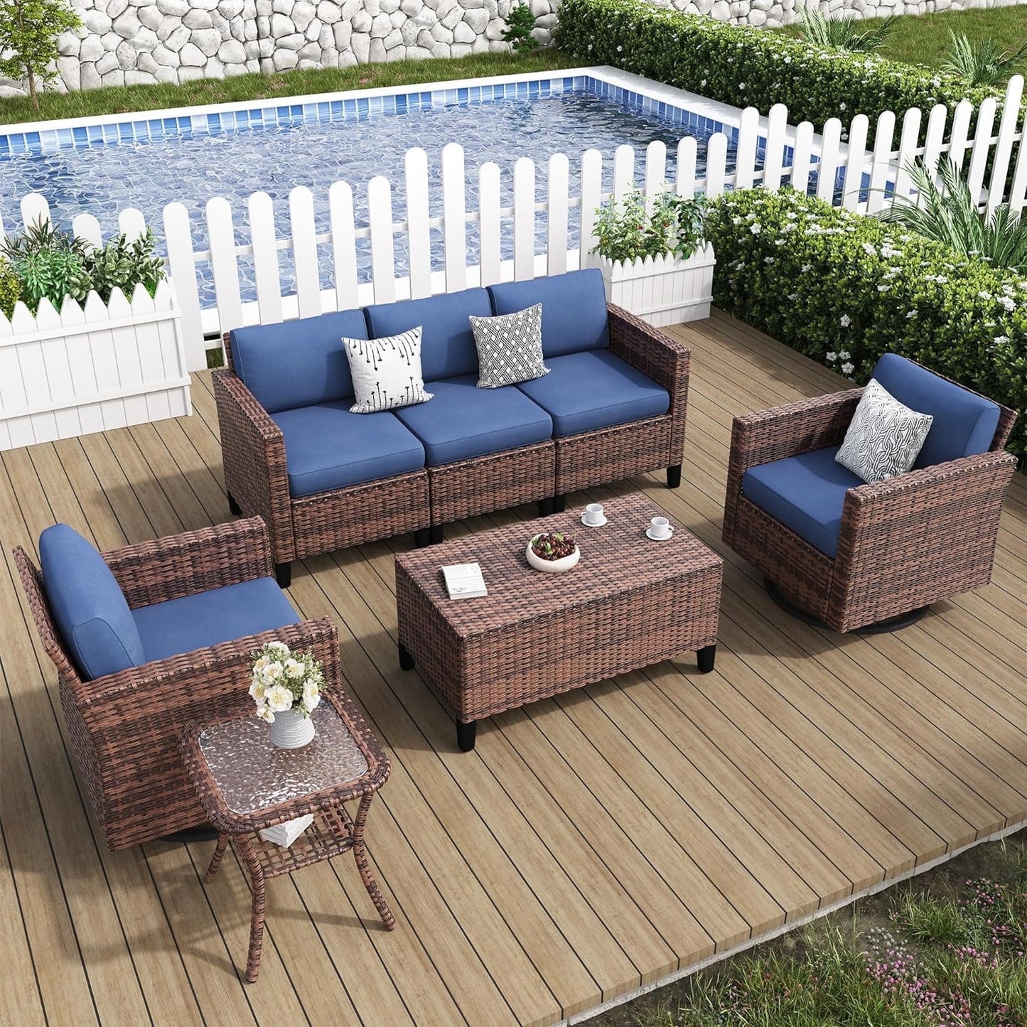 ELPOSUN Patio Furniture 7 Pieces Wicker Outdoor Sectional Sofa Sets, Rattan Conversation Set with Storage Table, Swivel Chairs for Backyard, Pool, Navy£¨Include Waterproof Covers £©