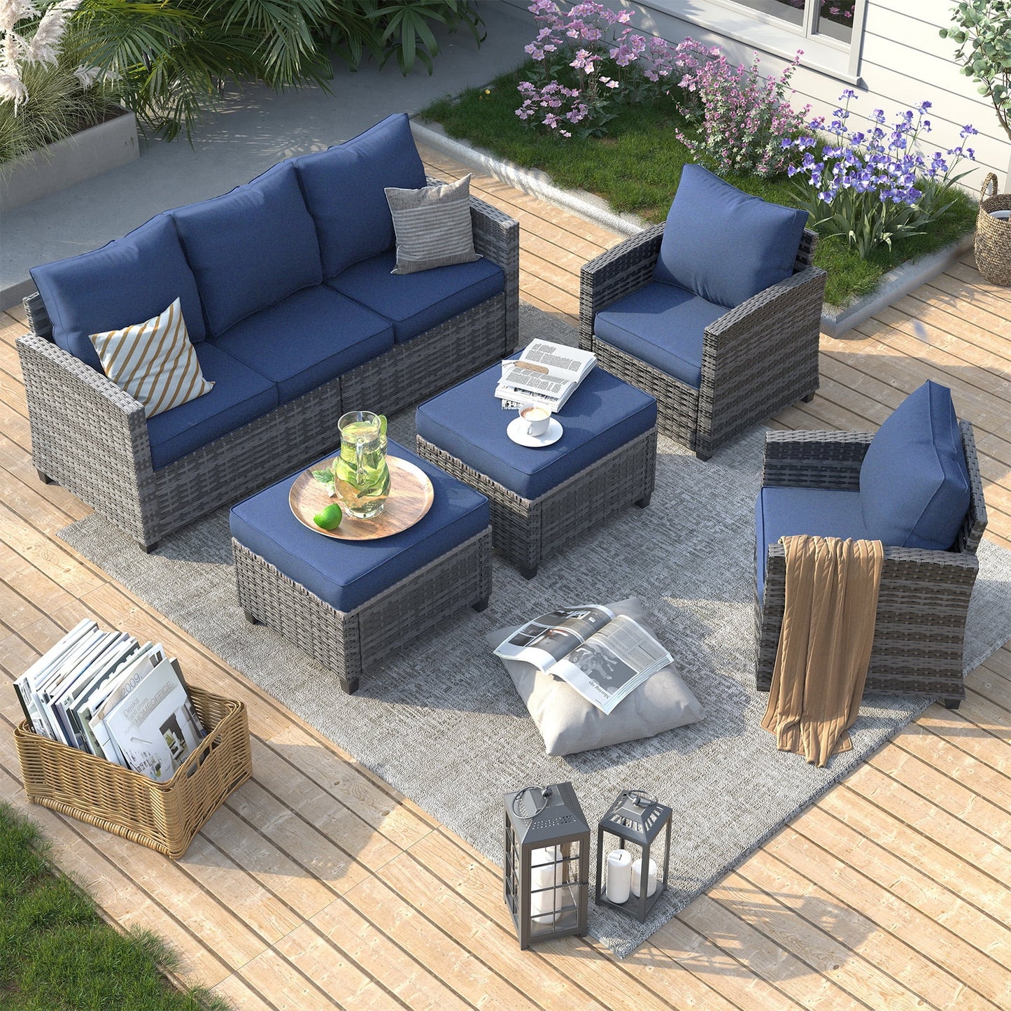 ELPOSUN Patio Furniture Set, 5 Pieces Outdoor Patio Sectional Sofa Set, All-Weather Wicker Rattan Outdoor Conversation Set with Ottoman for Poolside, Backyard, Gray Wicker Navy Blue Cushions