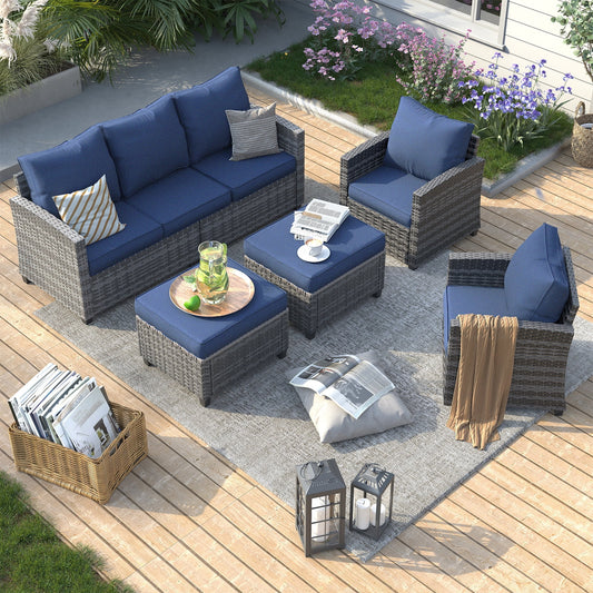ELPOSUN Patio Furniture Set, 5 Pieces Outdoor Patio Sectional Sofa Set, All-Weather Wicker Rattan Outdoor Conversation Set with Ottoman for Poolside, Backyard, Gray Wicker Navy Blue Cushions
