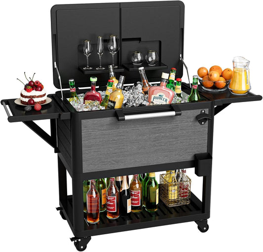 104 Quart Patio Rolling Ice Chest Large Cooler Cart with Wheels, Portable Mobile Outdoor Coolers Bar Cart with Storage Shelf & Bottle Opener for Drinks, Party, Camping, Backyard, Deck, BBQ(Black)