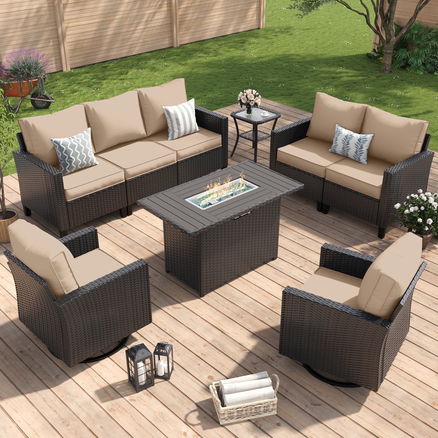 Amopatio Patio Furniture Set, 6-Piece Wicker Outdoor Sectional Sofa with Swivel Rocker Chairs, Rattan Conversation Set with Fire Pit Table and Waterproof Cover for Backyard Black/Khak