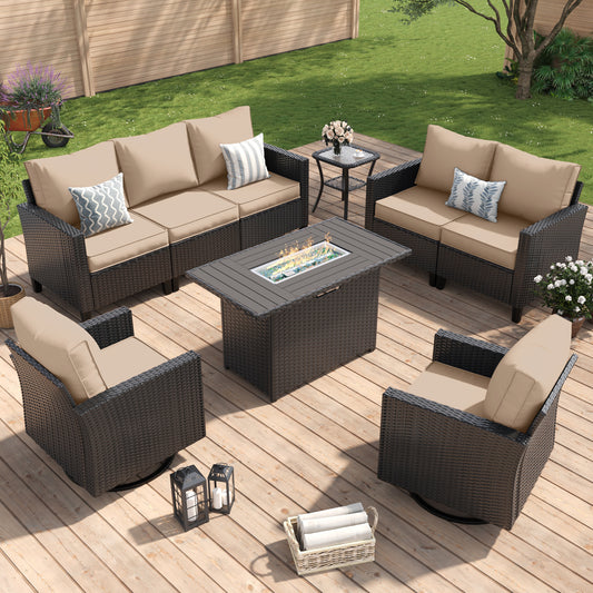 Amopatio Patio Furniture Set, 6-Piece Wicker Outdoor Sectional Sofa with Swivel Rocker Chairs, Rattan Conversation Set with Fire Pit Table and Waterproof Cover for Backyard Black/Khak