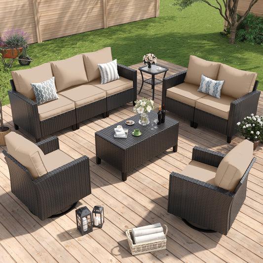 Amopatio Patio Furniture Set, 6-Piece Wicker Outdoor Sectional Sofa with Swivel Rocker Chairs, Rattan Conversation Set with Storage Coffee Table and Waterproof Cover for Backyard Black/Khak