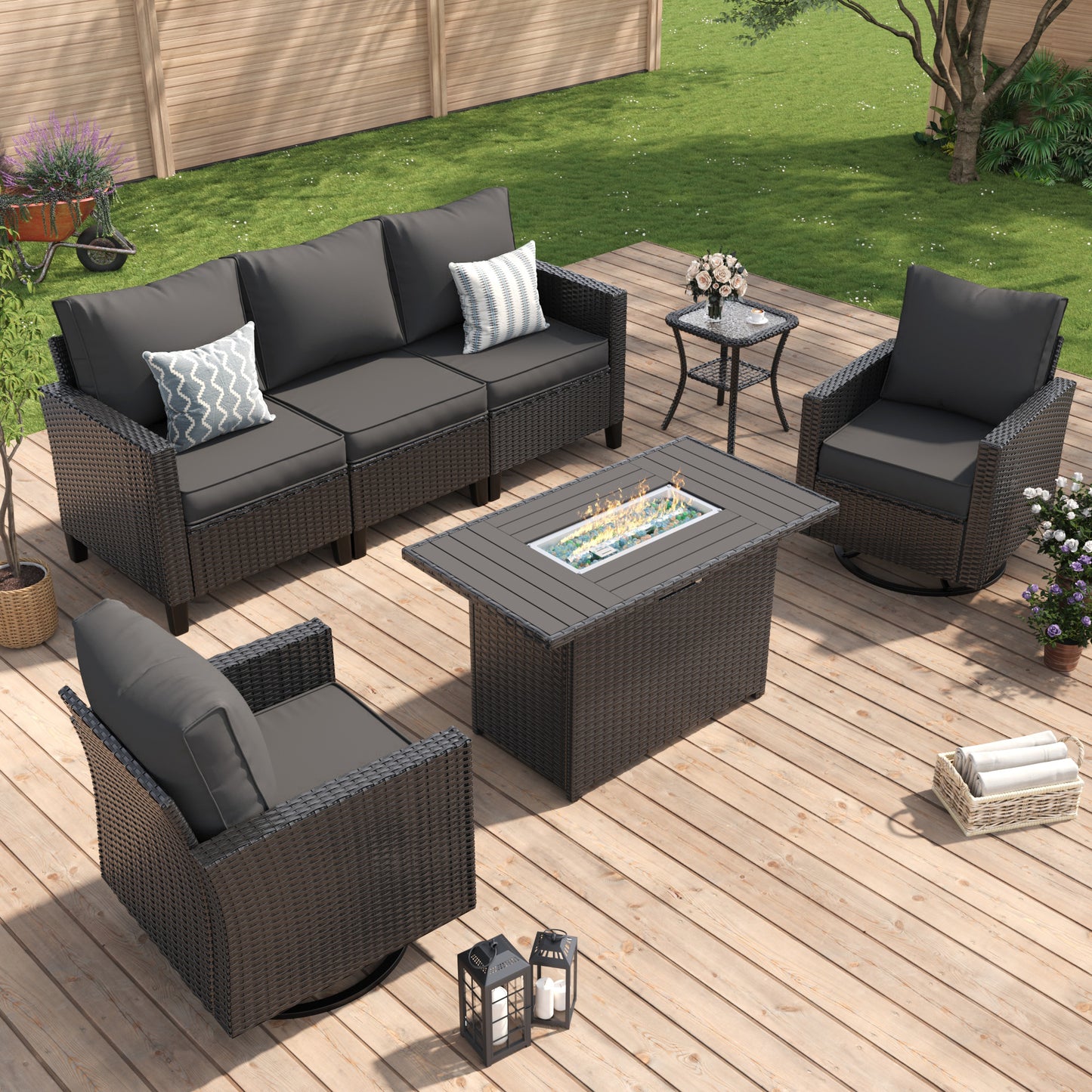 Amopatio Patio Furniture Set, 5-Piece Wicker Outdoor Sectional Sofa with Swivel Rocker Chairs, Rattan Conversation Set with Fire Pit Table and Waterproof Cover for Backyard Black/Dark Grey