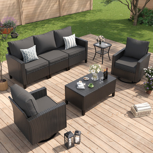 Amopatio Patio Furniture Set, 5-Piece Wicker Outdoor Sectional Sofa with Swivel Rocker Chairs, Rattan Conversation Set with Storage Coffee Table and Waterproof Cover for Backyard Black/Dark Grey