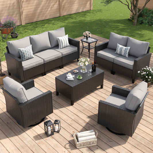 Amopatio Patio Furniture Set, 6-Piece Wicker Outdoor Sectional Sofa with Swivel Rocker Chairs, Rattan Conversation Set with Storage Coffee Table and Waterproof Cover for Backyard Black/Light Grey