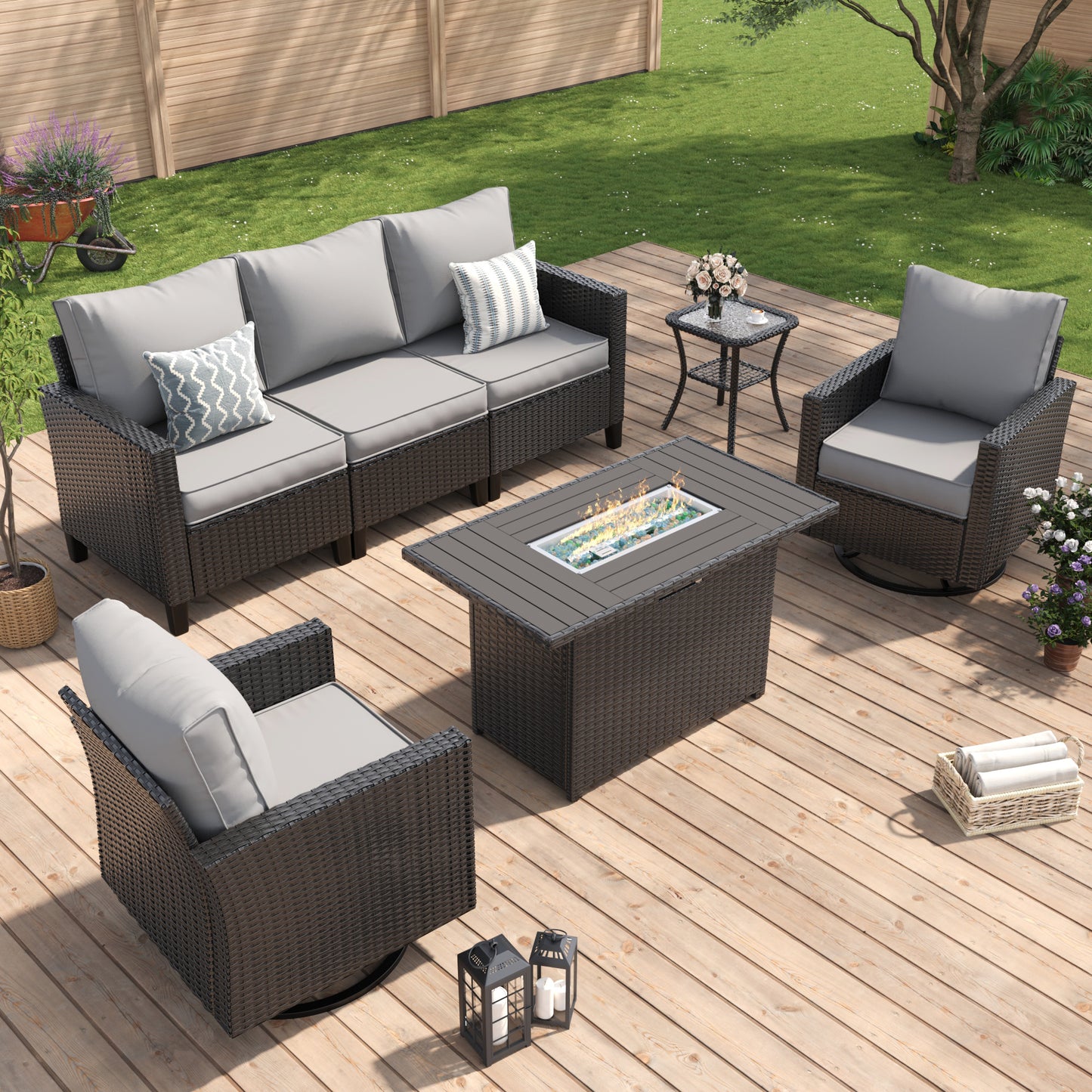 Amopatio Patio Furniture Set, 5-Piece Wicker Outdoor Sectional Sofa with Swivel Rocker Chairs, Rattan Conversation Set with Fire Pit Table and Waterproof Cover for Backyard Black/Light Grey