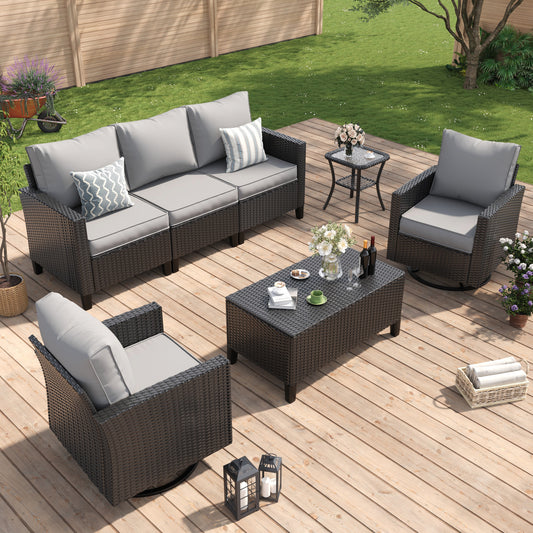 Amopatio Patio Furniture Set, 5-Piece Wicker Outdoor Sectional Sofa with Swivel Rocker Chairs, Rattan Conversation Set with Storage Coffee Table and Waterproof Cover for Backyard Black/Light Grey
