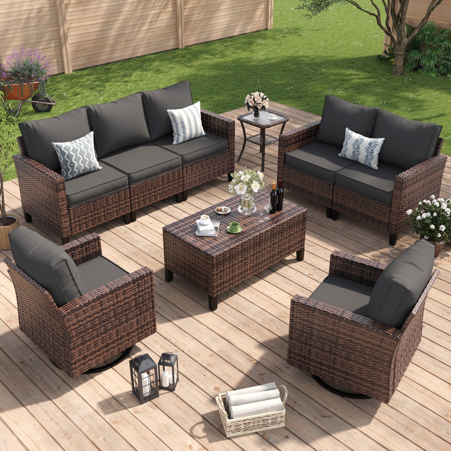 Amopatio Patio Furniture Set, 6-Piece Wicker Outdoor Sectional Sofa with Swivel Rocker Chairs, Rattan Conversation Set with Storage Coffee Table and Waterproof Cover for Backyard Brown/Grey