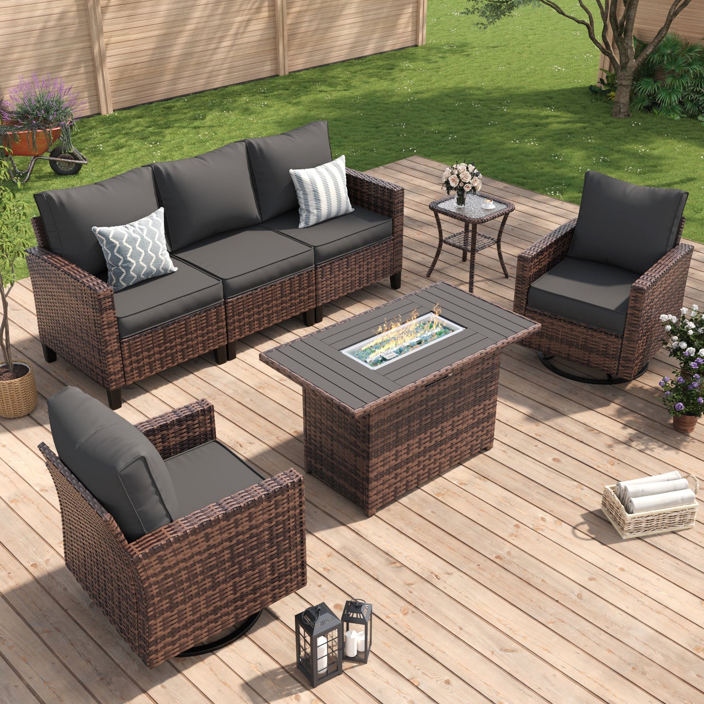 Amopatio Patio Furniture Set, 5-Piece Wicker Outdoor Sectional Sofa with Swivel Rocker Chairs, All-Weather Rattan Conversation Set with Fire Pit Table and Waterproof Cover for Backyard Brown/Grey