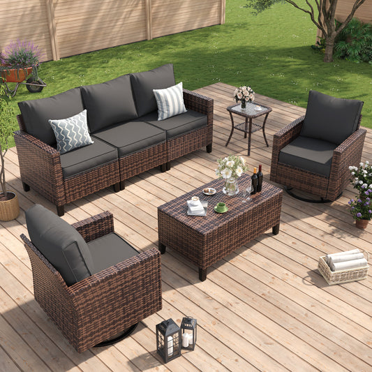 Amopatio Patio Furniture Set, Wicker Outdoor Sectional Sofa with Swivel Rocker Chairs, All-Weather Rattan Conversation Set, Storage Coffee Table, Waterproof Cover for Backyard, Deck Brown/Grey 5 PCS