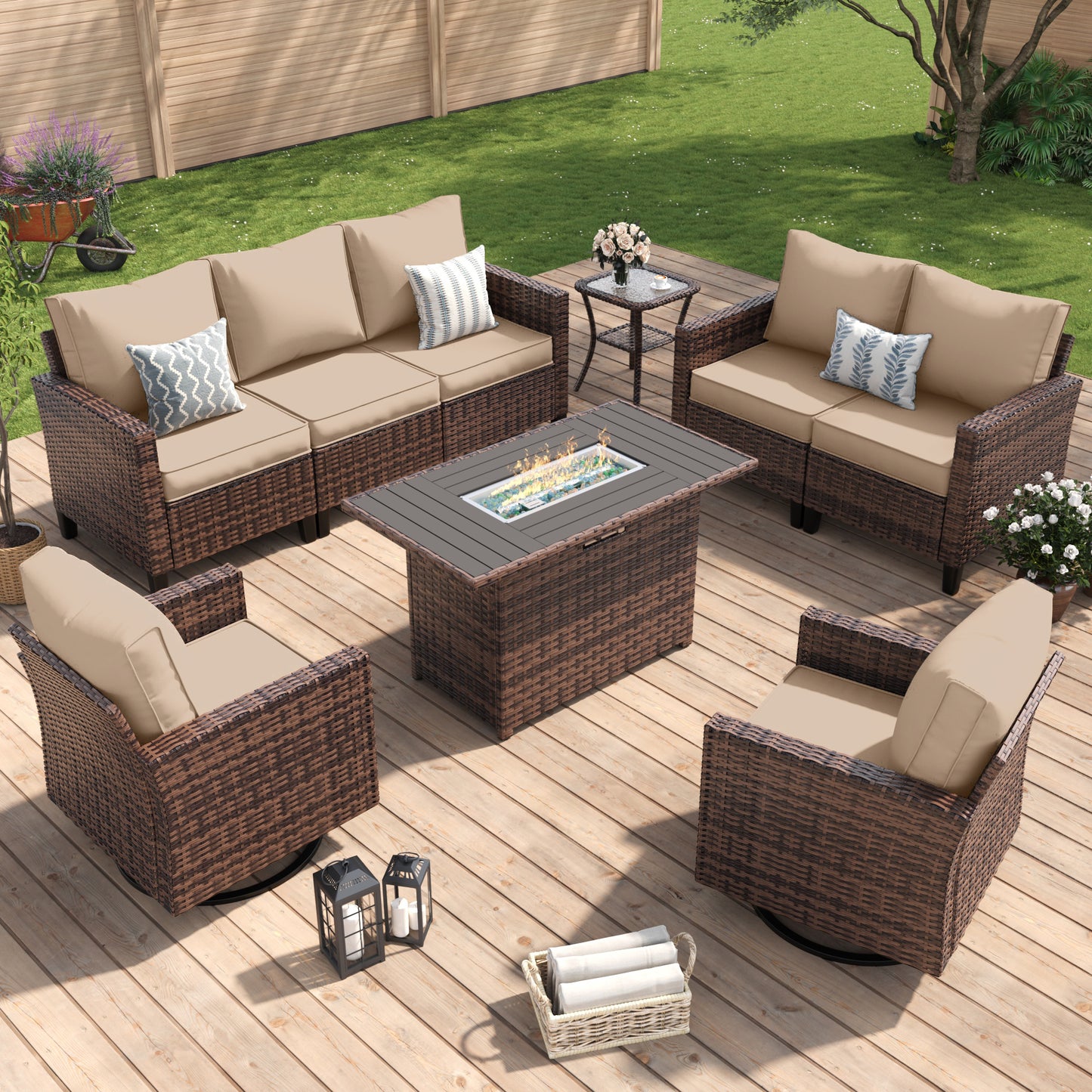 Amopatio Patio Furniture Set, 6-Piece Wicker Outdoor Sectional Sofa with Swivel Rocker Chairs, All-Weather Rattan Conversation Set with Fire Pit Table and Waterproof Cover for Backyard Brown/Khak