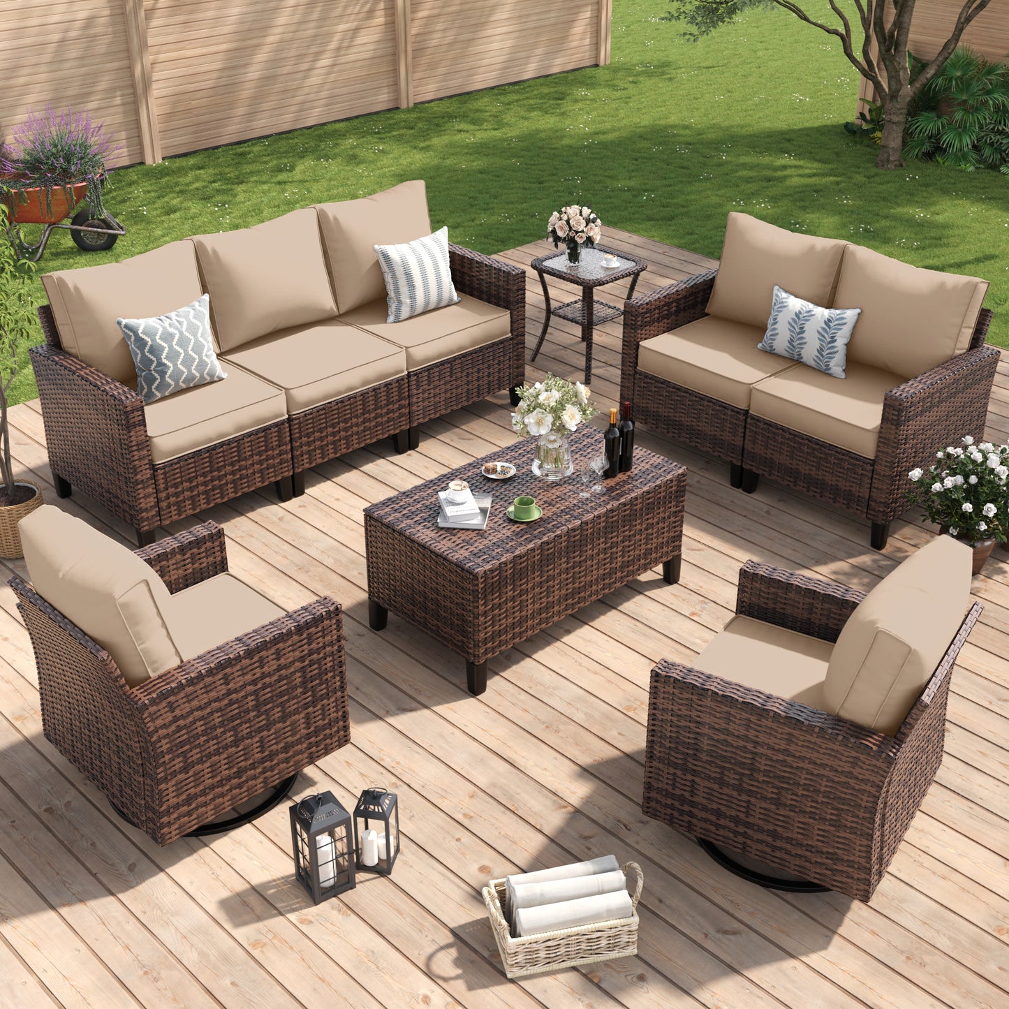 Amopatio Patio Furniture Set, 6-Piece Wicker Outdoor Sectional Sofa with Swivel Rocker Chairs, Rattan Conversation Set with Storage Coffee Table and Waterproof Cover for Backyard Brown/Khak