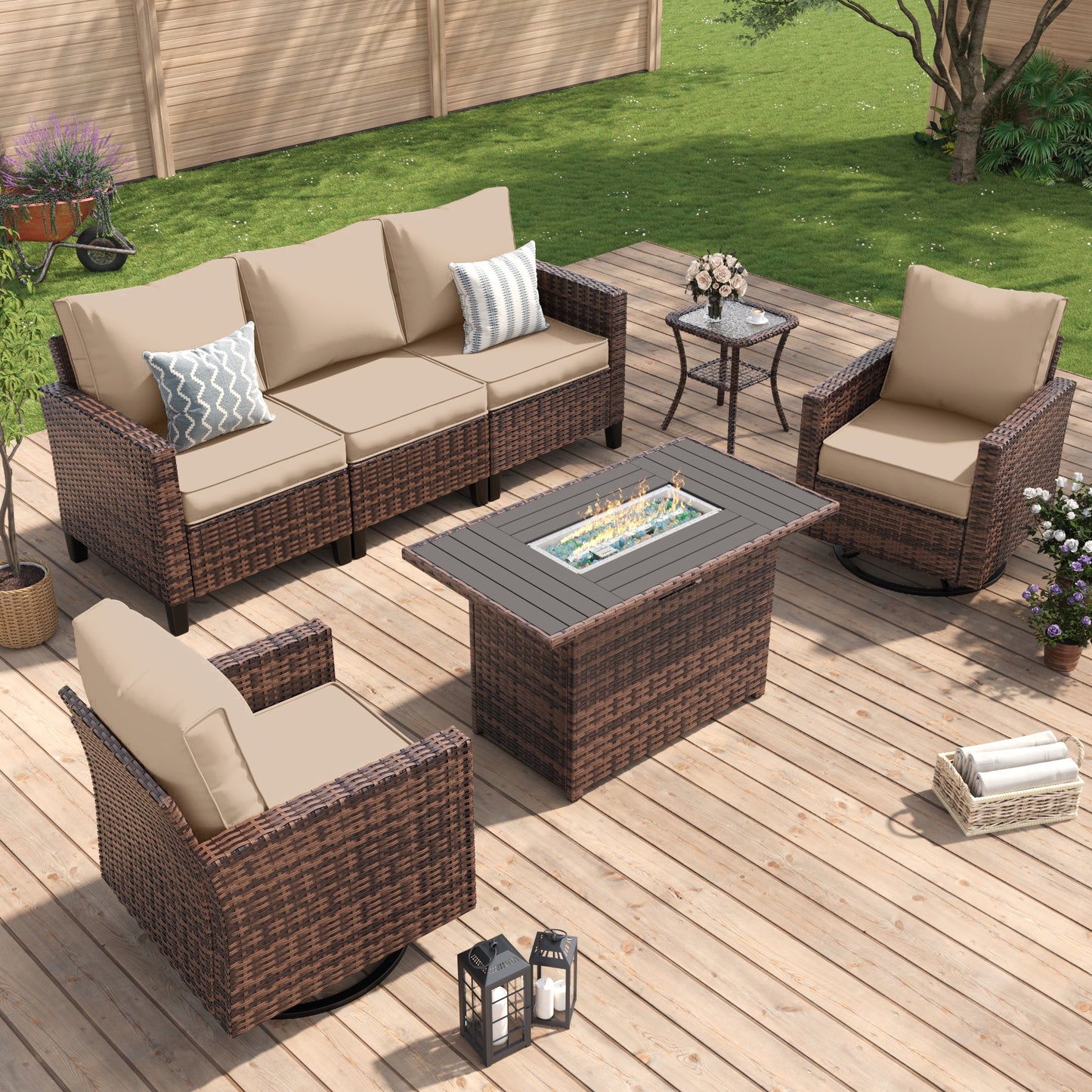 Amopatio Patio Furniture Set, 5-Piece Wicker Outdoor Sectional Sofa with Swivel Rocker Chairs, All-Weather Rattan Conversation Set with Fire Pit Table and Waterproof Cover for Backyard Brown/Khak