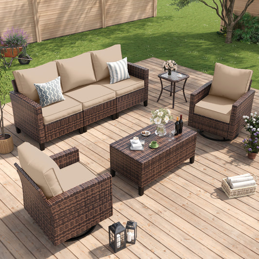Amopatio Patio Furniture Set, Wicker Outdoor Sectional Sofa with Swivel Rocker Chairs, All-Weather Rattan Conversation Set, Storage Coffee Table, Waterproof Cover for Backyard, Deck Brown/Khak 5 PCS