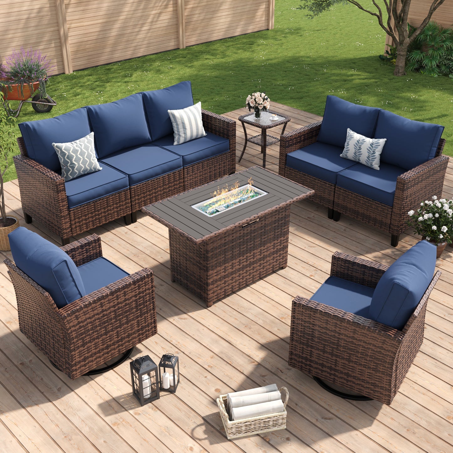 Amopatio Patio Furniture Set, 6-Piece Wicker Outdoor Sectional Sofa with Swivel Rocker Chairs, All-Weather Rattan Conversation Set with Fire Pit Table and Waterproof Cover for Backyard Brown/Navy