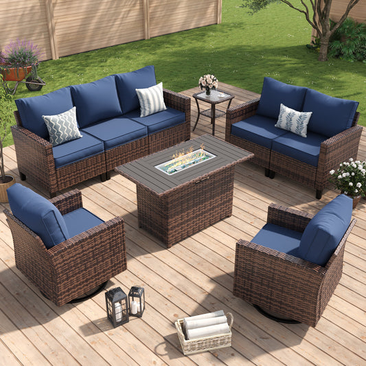 Amopatio Patio Furniture Set, 6-Piece Wicker Outdoor Sectional Sofa with Swivel Rocker Chairs, All-Weather Rattan Conversation Set with Fire Pit Table and Waterproof Cover for Backyard Brown/Navy