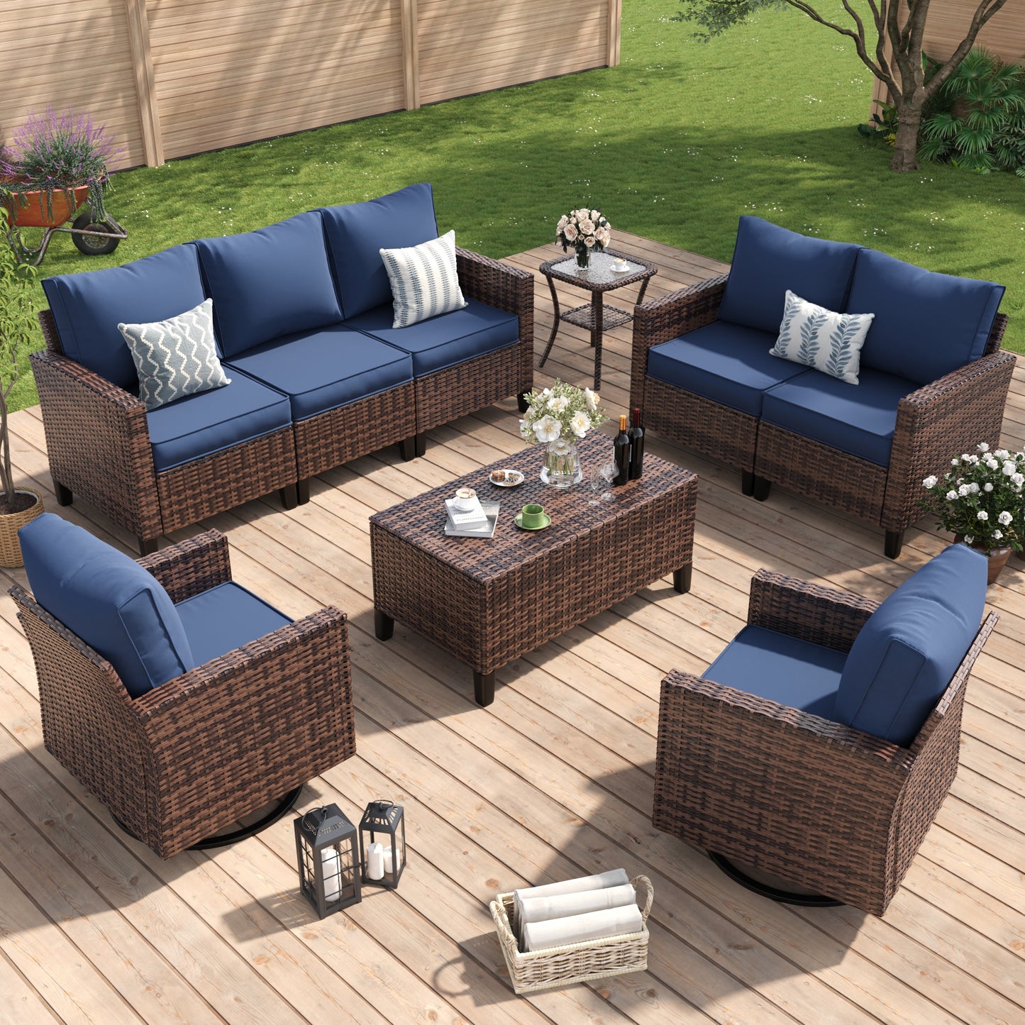 Amopatio Patio Furniture Set, 6-Piece Wicker Outdoor Sectional Sofa with Swivel Rocker Chairs, Rattan Conversation Set with Storage Coffee Table and Waterproof Cover for Backyard Brown/Navy