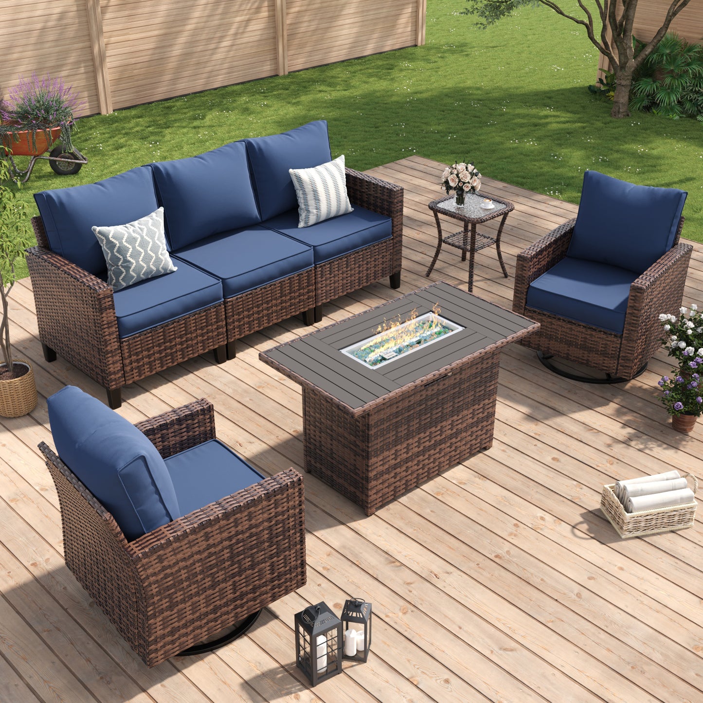 Amopatio Patio Furniture Set, 5-Piece Wicker Outdoor Sectional Sofa with Swivel Rocker Chairs, All-Weather Rattan Conversation Set with Fire Pit Table and Waterproof Cover for Backyard Brown/Navy