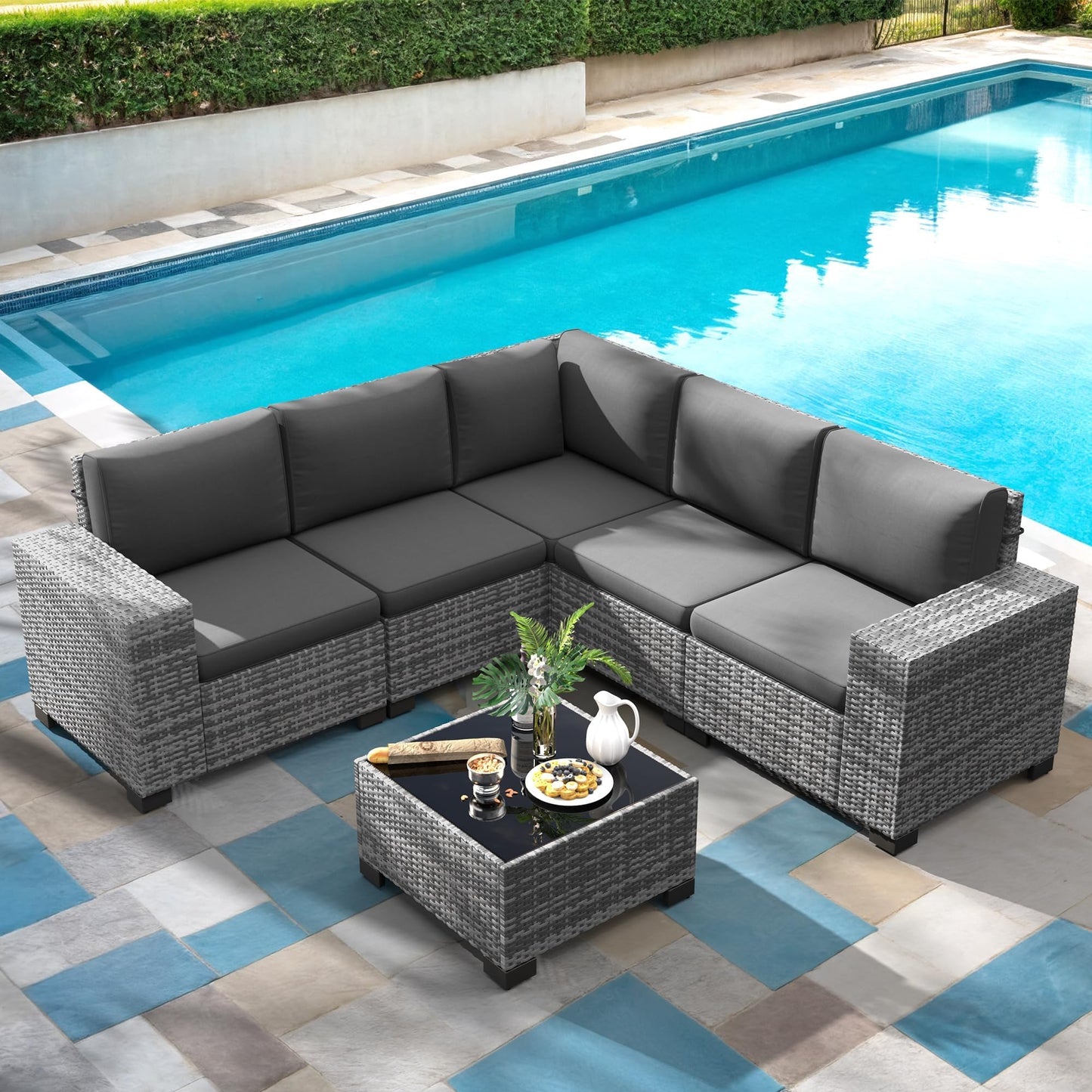 Amopatio Patio Furniture Set 6 Pieces Outdoor Furniture with 4 in Thiken Cushion, Wicker Outdoor Conversation Set Sectional Sofa for Backyard, Poolside, Garden