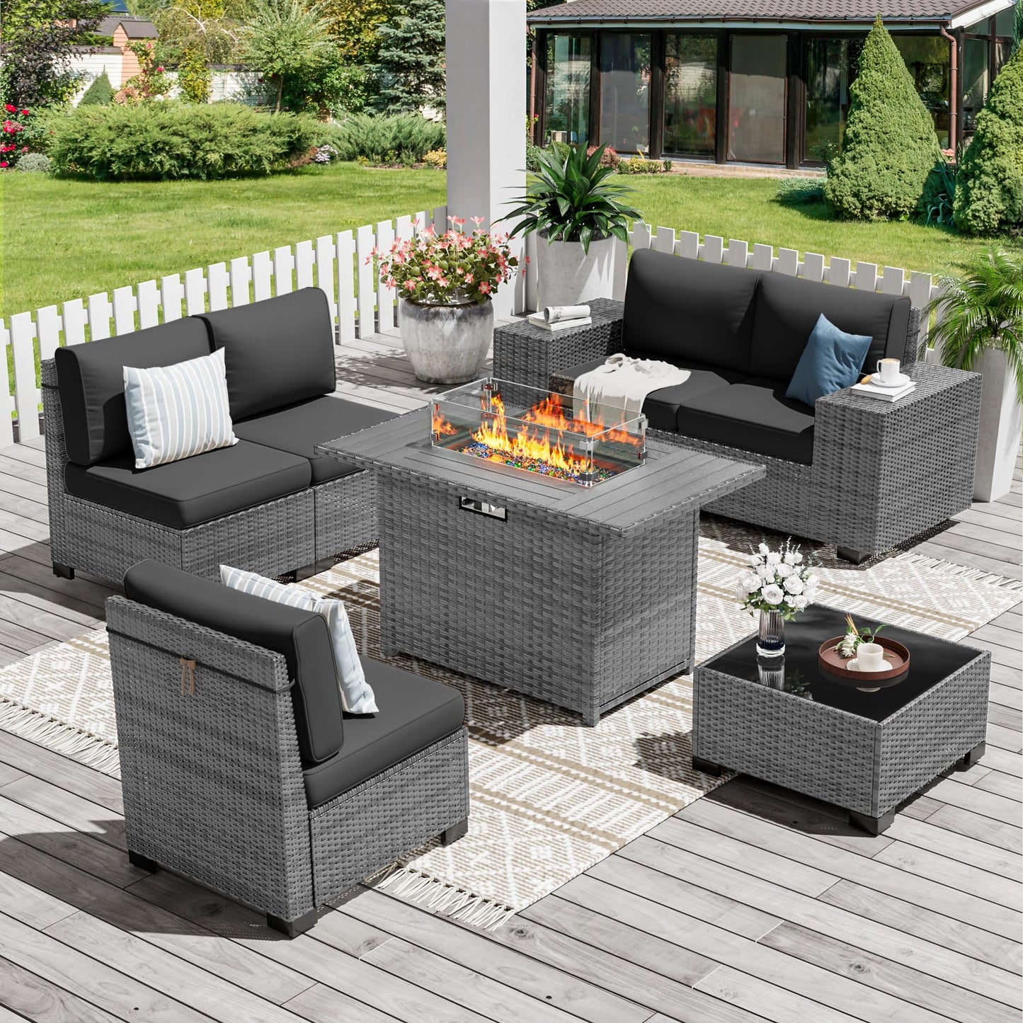 Amopatio Patio Furniture Set 7 Pieces Outdoor Furniture with 44" Fire Pit Table, Outdoor Conversation Set Sectional Sofa for Backyard, Poolside, Garden(Grey Cushion)