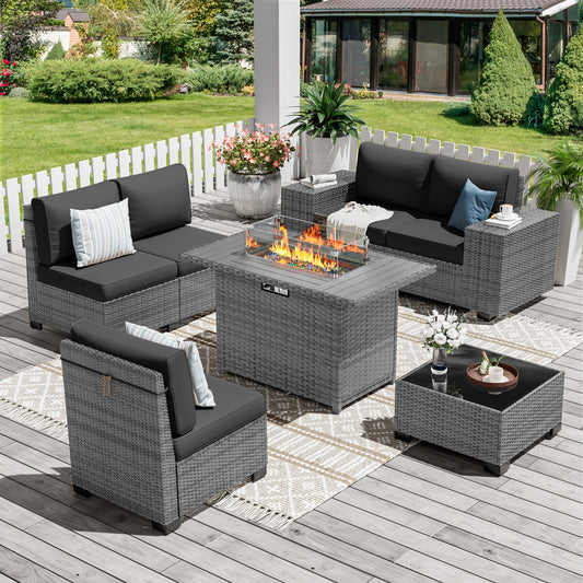 Amopatio Patio Furniture Set 7 Pieces Outdoor Furniture with 44" Fire Pit Table, Outdoor Conversation Set Sectional Sofa for Backyard, Poolside, Garden(Grey Cushion)
