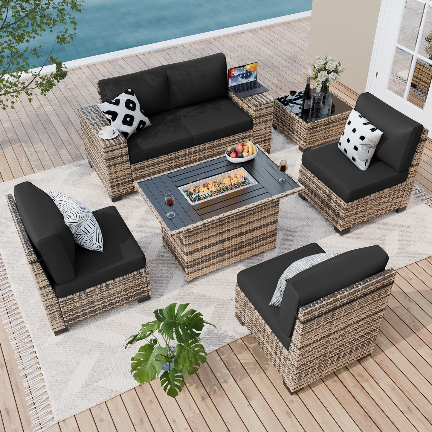 Amopatio 7 Piece Patio Furniture Set with 8" Armrest & 44" Fire Pit Table, Outdoor Wicker Rattan Sectional Sofa Conversation Set for Backyard, Garden, Poolside(Black Cushion)