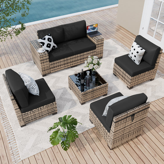 Amopatio 6 Piece Patio Furniture Set with 8" Armrest & 4" Thiken Cushion, Outdoor Wicker Rattan Sectional Sofa Conversation Set for Backyard, Garden, Poolside(Black Cushion)