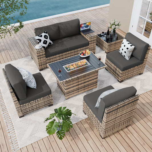 Amopatio 7 Piece Patio Furniture Set with 8" Armrest & 44" Fire Pit Table, Outdoor Wicker Rattan Sectional Sofa Conversation Set for Backyard, Garden, Poolside(Grey Cushion)
