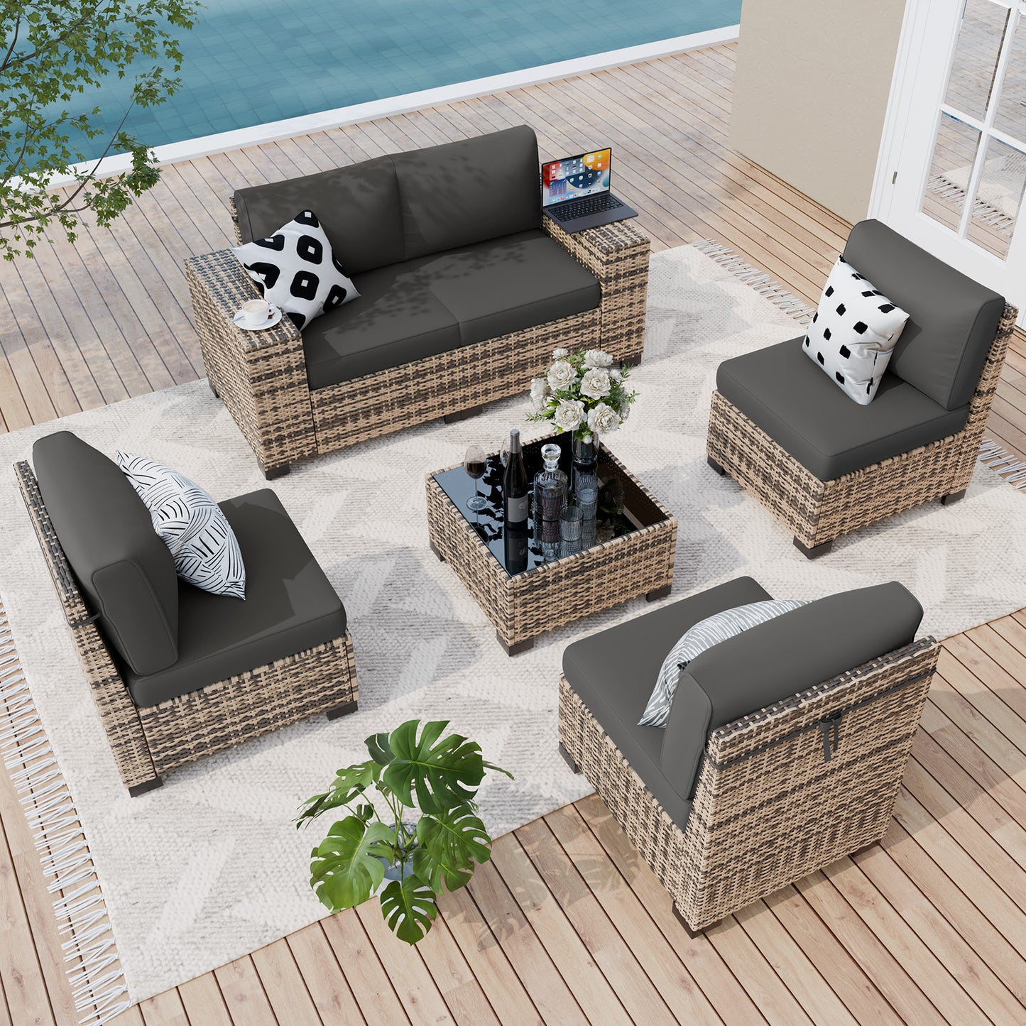 Amopatio 6 Piece Patio Furniture Set with 8" Armrest & 4" Thiken Cushion, Outdoor Wicker Rattan Sectional Sofa Conversation Set for Backyard, Garden, Poolside(Grey Cushion)