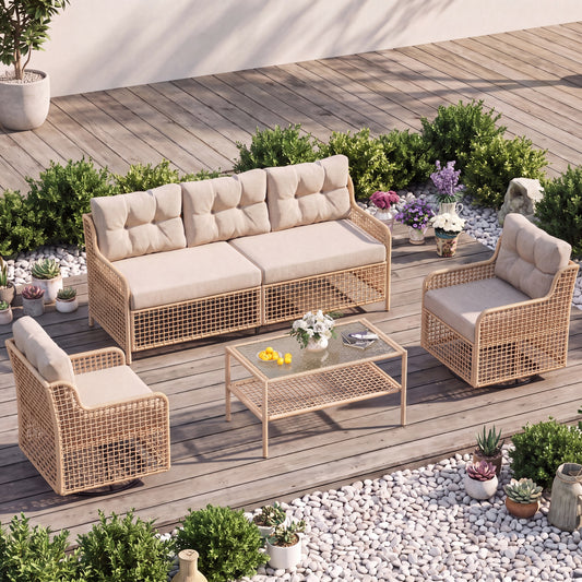 AMOPATIO Outdoor Patio Furniture Set with Swivel Chairs | 4-Piece Round Rattan Wicker Conversation Set, 4" Thick Cushions & Coffee Table, Beige