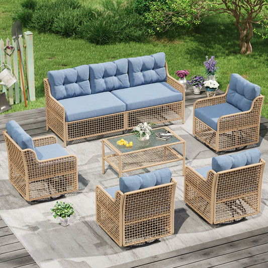 AMOPATIO Outdoor Patio Furniture Set with Swivel Chairs | 6-Piece Round Rattan Wicker Conversation Set, 4" Thick Cushions & Coffee Table, Blue