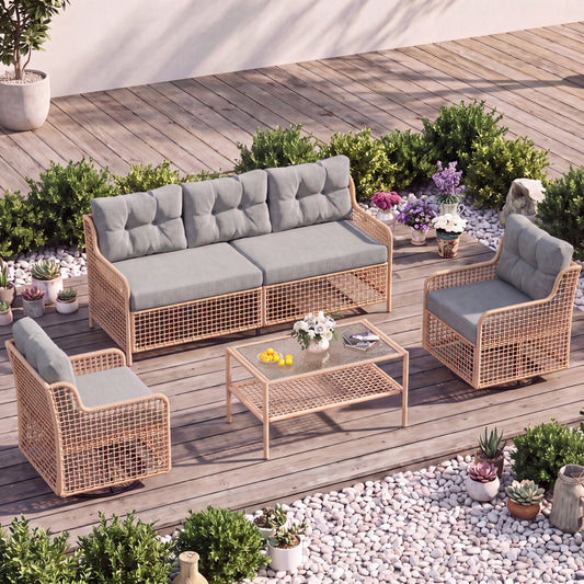 AMOPATIO Outdoor Patio Furniture Set with Swivel Chairs | 4-Piece Round Rattan Wicker Conversation Set, 4" Thick Cushions & Coffee Table, Grey