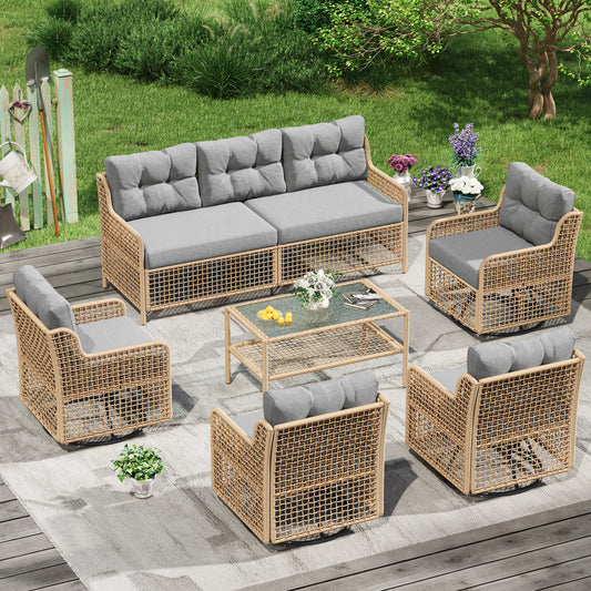 AMOPATIO Outdoor Patio Furniture Set with Swivel Chairs | 6-Piece Round Rattan Wicker Conversation Set, 4" Thick Cushions & Coffee Table, Grey