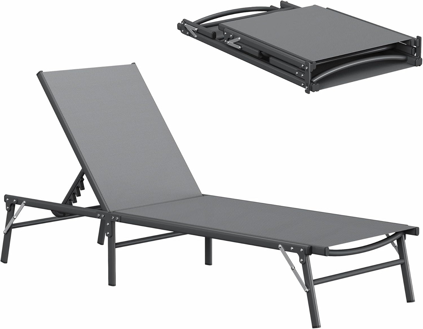 Amopatio Foldable Patio Lounge Chair, Portable Pool Chaise Lounges, Heavy Duty Iron Frame, Breathable Textilene,Weather Resistant, 5-Position Adjustable Backrest, 400 LBS Capacity,Gray