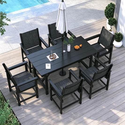 Amopatio Patio Outdoor Dining Table for 6 All Weather HDPE Rectangular Table with Umbrella Hole for Porch Deck Garden Backyard Poolside Black