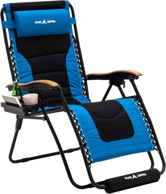 Oversized Padded Zero Gravity Chair with Cup Holder, XL Folding Reclining Lounge Chair with Footrest & Headrest for Indoor and Outdoor, Support 400LBS, Blue