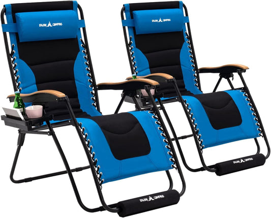 Oversized Zero Gravity Chair Set of 2 with Cup Holder, XL Folding Padded Reclining Lounge Chairs with Footrest & Headrest for Indoor and Outdoor, Support 400LBS, Blue