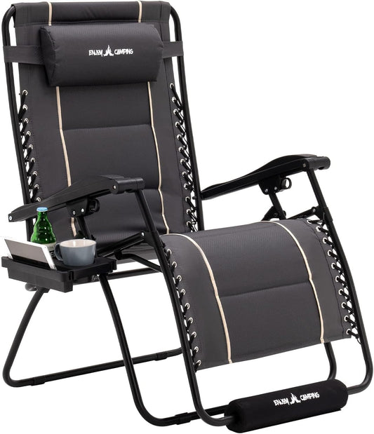 Zero Oversized Padded Gravity Chairs with Cup Holder, 33" Wide Folding Reclining Lounge Chair with Footrest & Headrest for Indoor Outdoor Camping, Support 500LBS