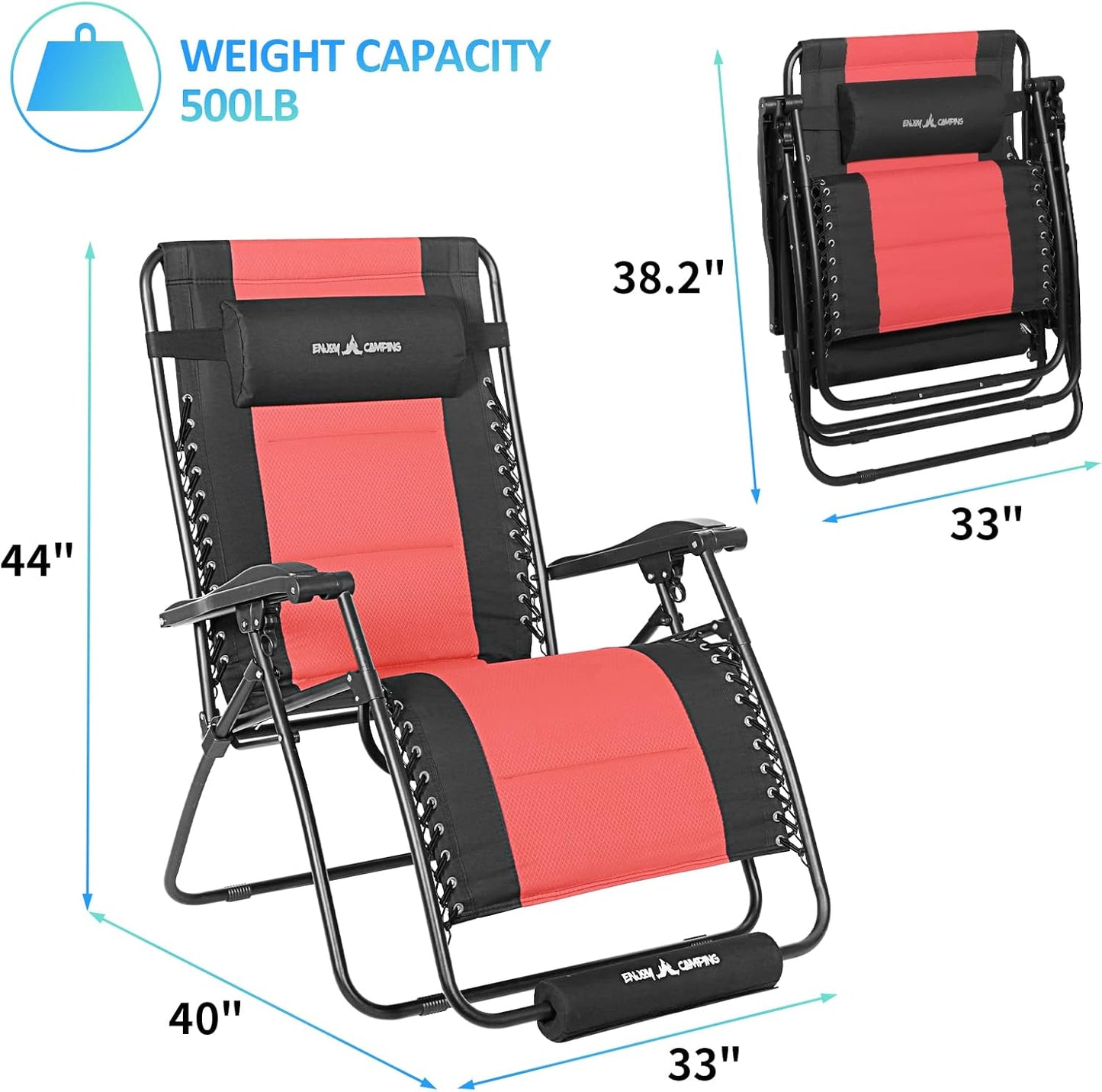 Amopatio XXL Oversized Zero Gravity Chair, 33" Width Padded Lounge Chairs for Outside, Folding Reclining Camping Chair for Patio Pool Porch Deck Beach, Red
